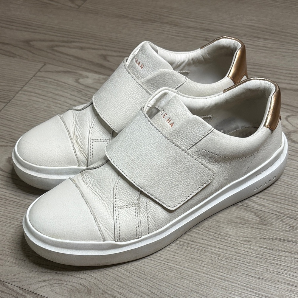 Cole Haan White Leather Velcro Sneakers with Gold Heel